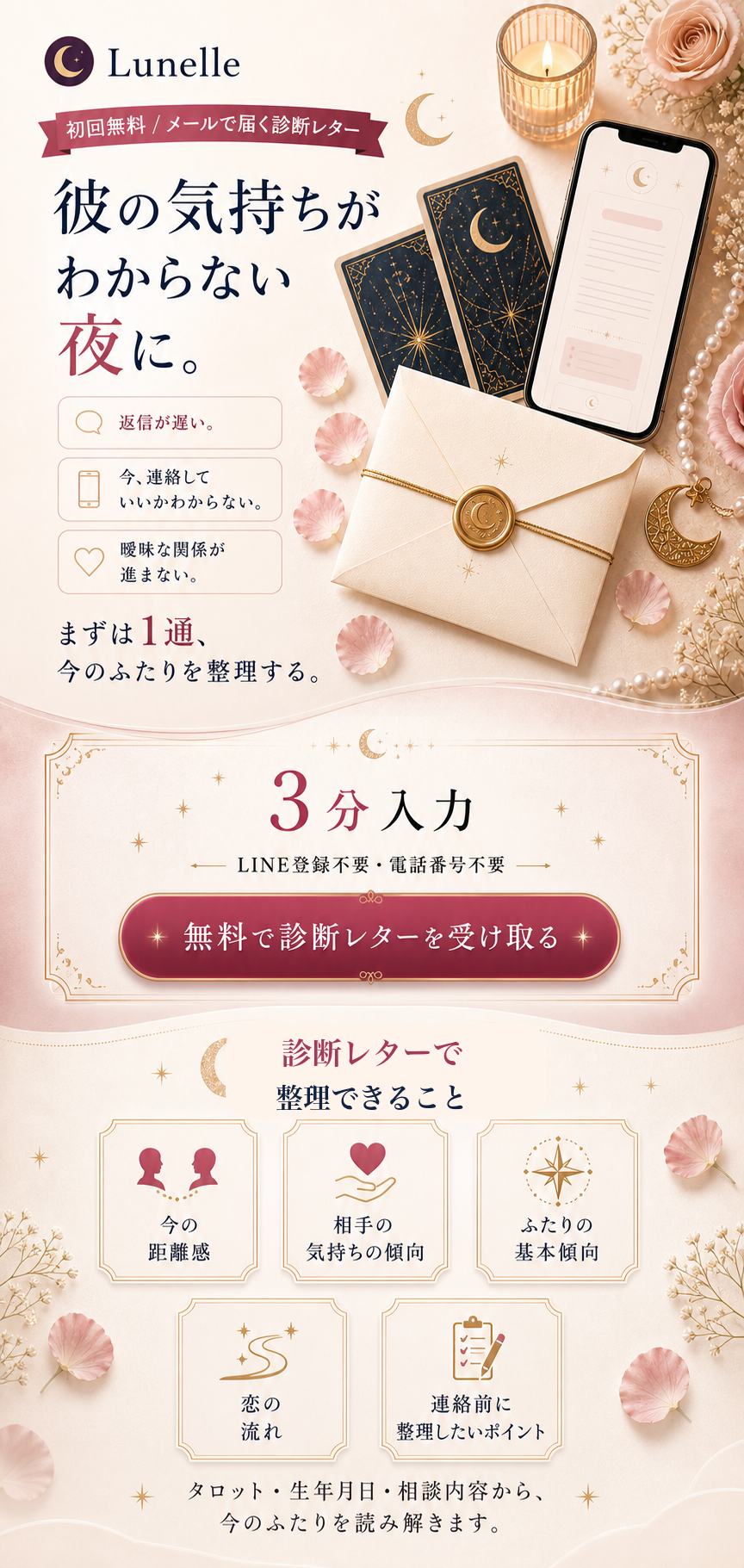 Lunelle。彼の気持ちがわからない夜に。返信が遅い、今連絡していいかわからない、曖昧な関係が進まない。3分入力、LINE登録不要、電話番号不要。無料で診断レターを受け取る。診断レターで整理できること。